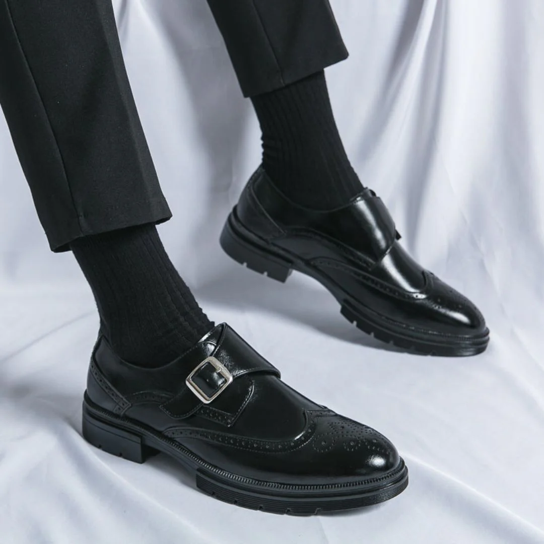 Men’s Stylish Formal Business Slip-on Wingtip Brogue Accents Shoes with Adjustable Buckle Closure - Image 4
