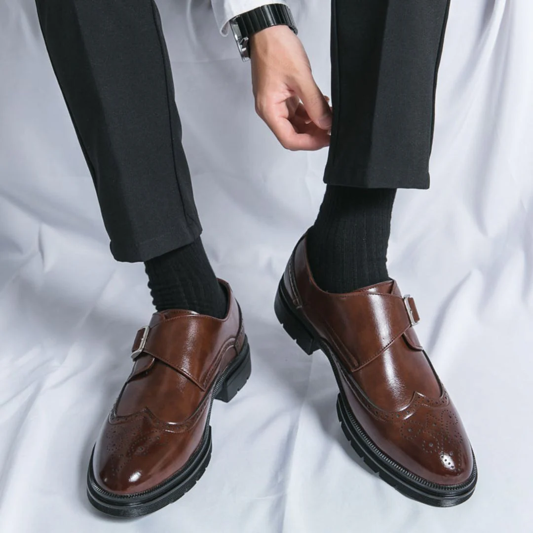 Men’s Stylish Formal Business Slip-on Wingtip Brogue Accents Shoes with Adjustable Buckle Closure - Image 6