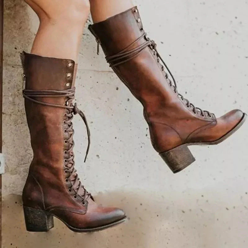 Women’s Block Heel Boots Lace-Up Knee-High Style - Image 3